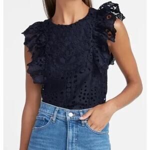 New EXPRESS Chunky Lace Flutter Sleeve Top in Navy Blue Small